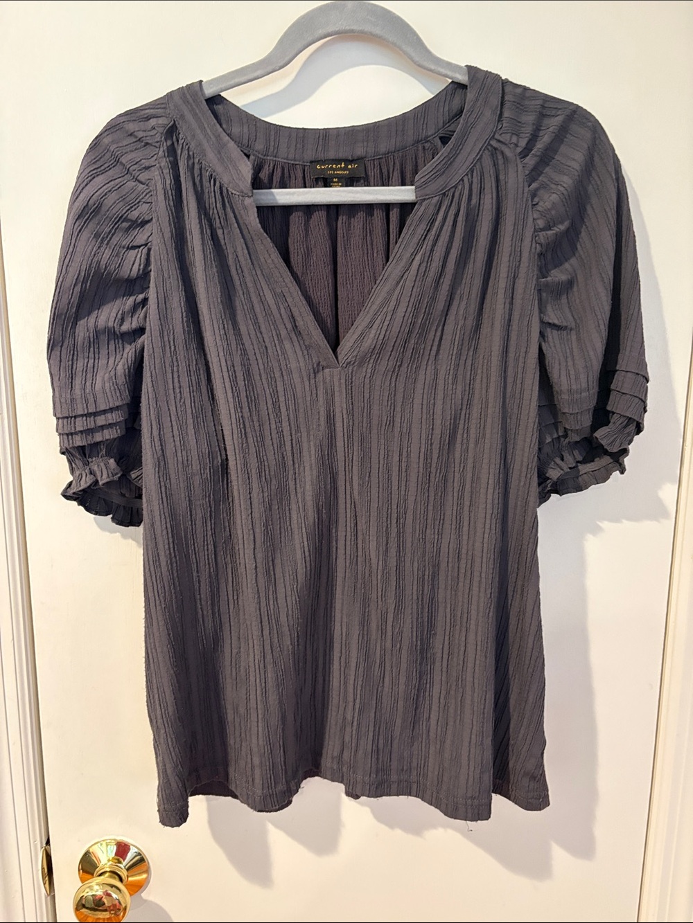 Anthropologie Charcoal Textured V-Neck Puff Sleeve Blouse